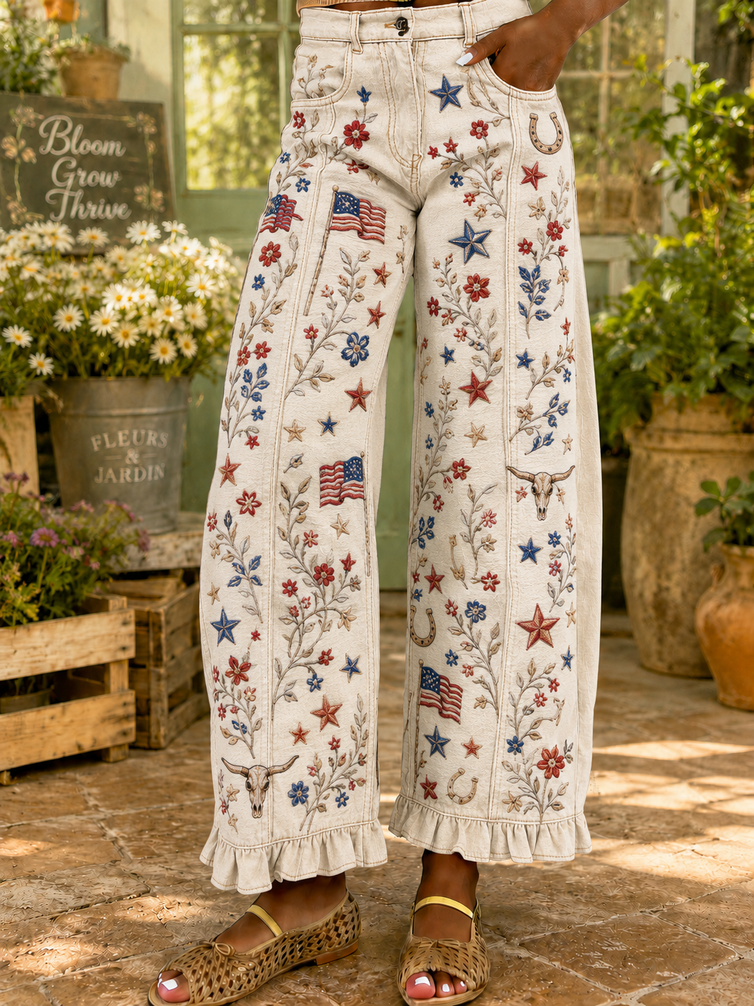 Women's Retro Art Print Wide Leg Pants